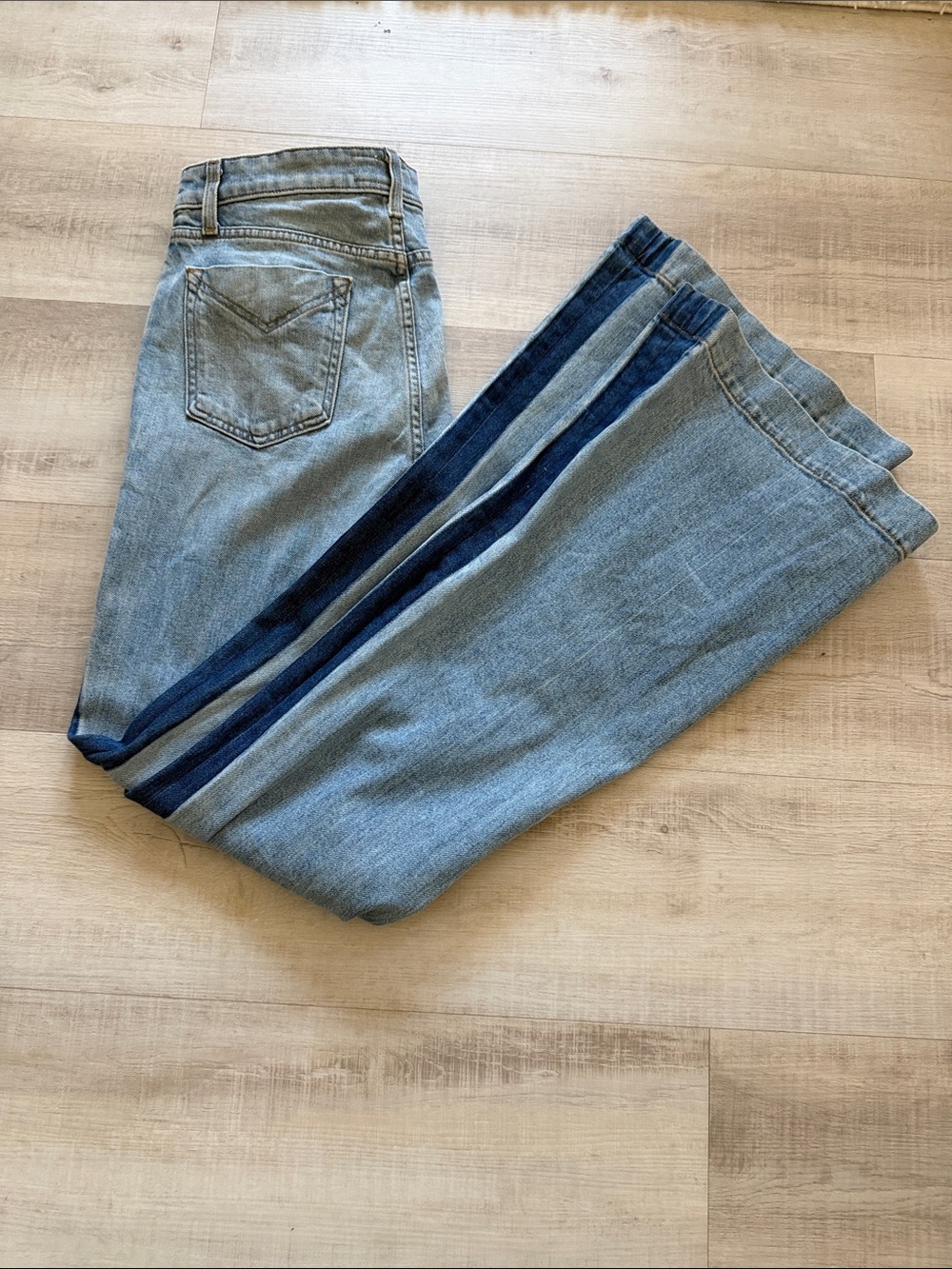 10 Crosby Derek Lam Two-Tone Light and Dark Blue Flare Jeans 35 inch inseam
